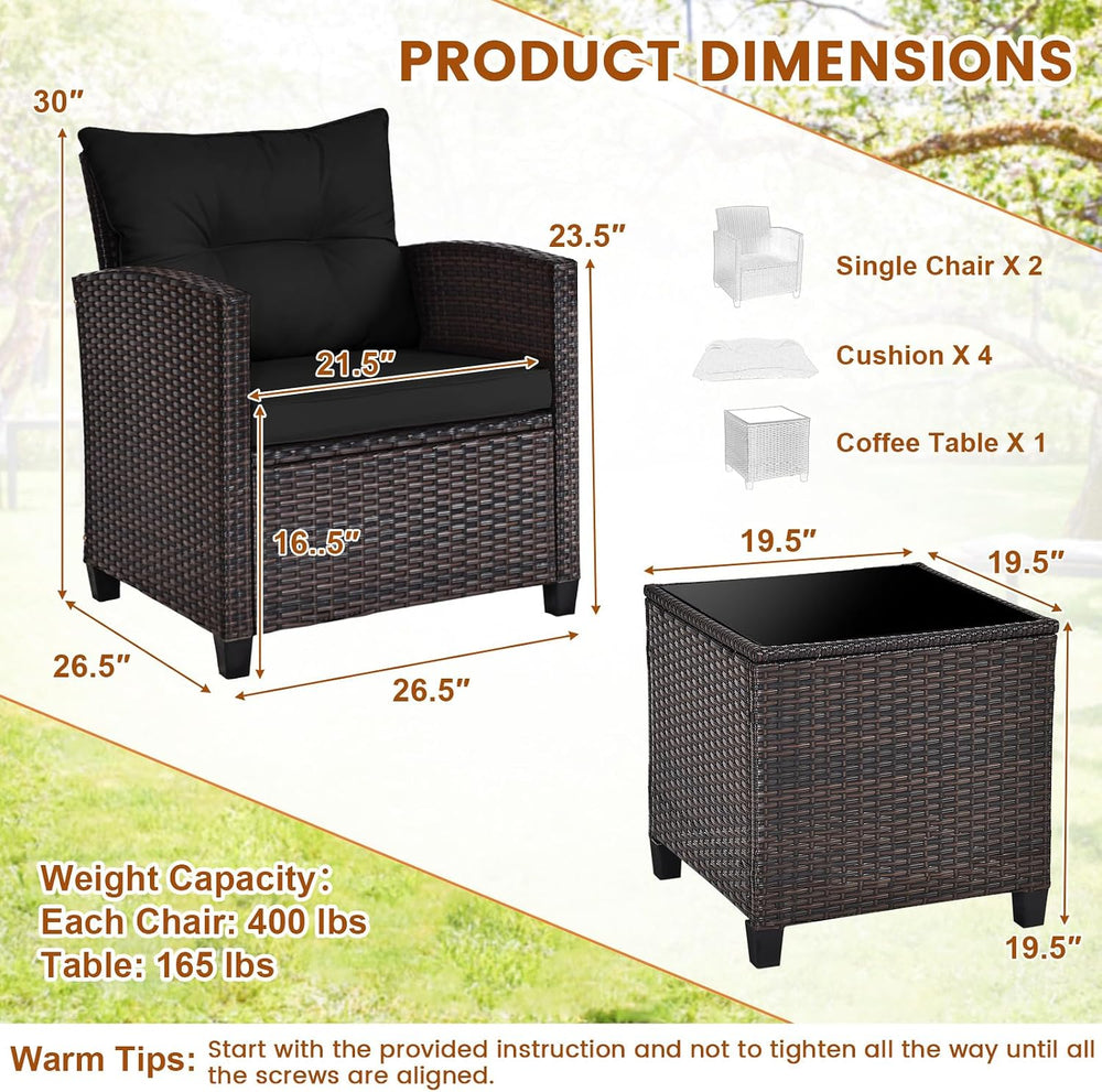 ORALNER 3 Pieces Patio Furniture Set, Outdoor Wicker Bistro Set (Black)