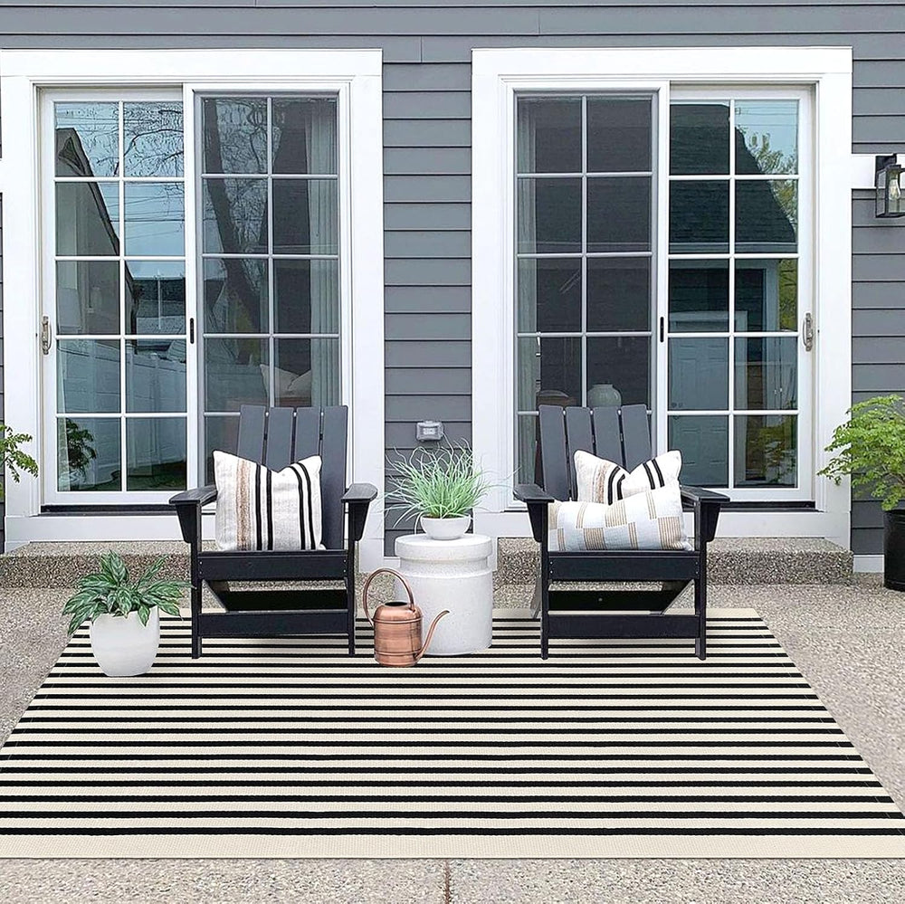 IOHOUZE 4x6 Striped Outdoor Rug, Washable Front Porch, Black Beige