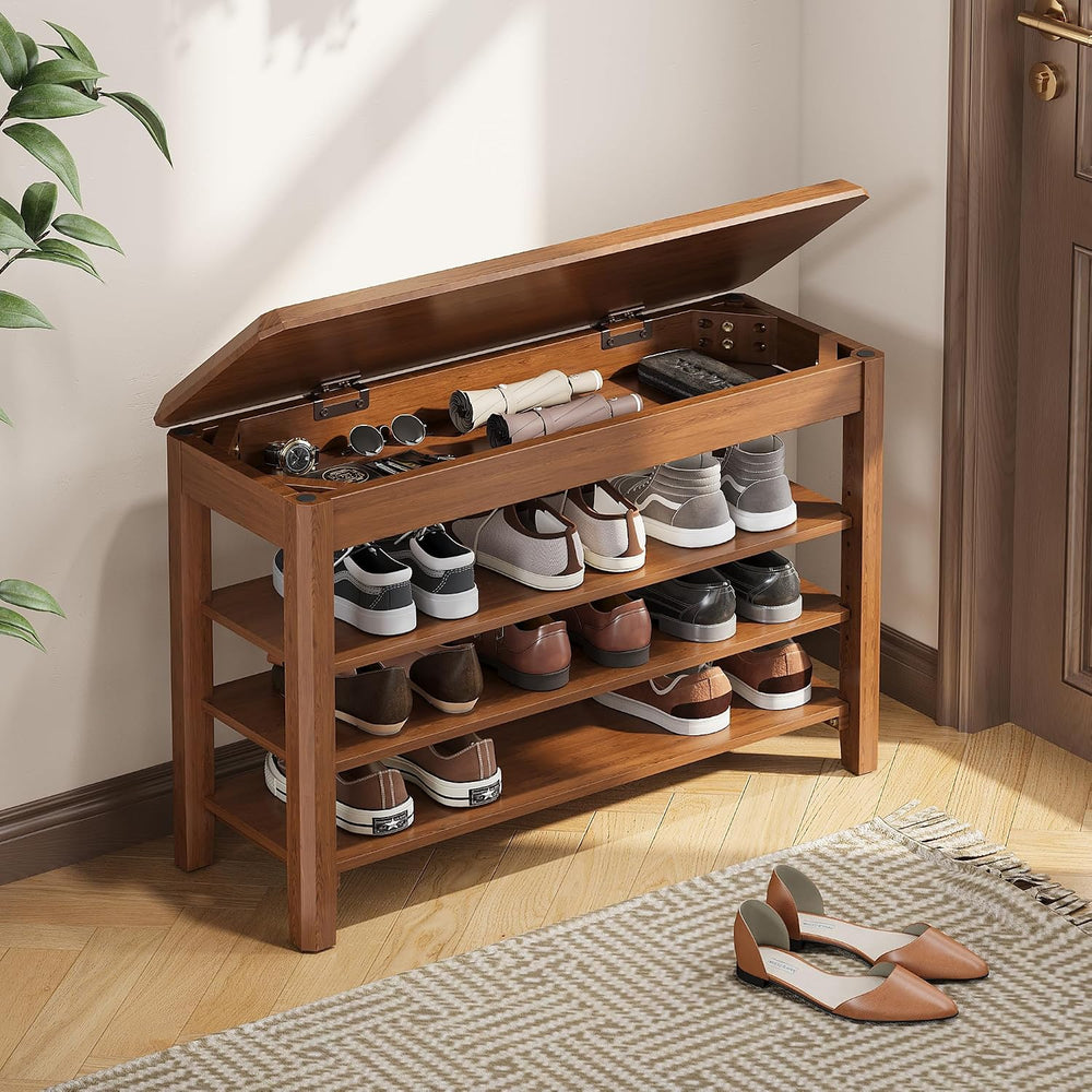 IUNVR Shoe Rack Bench Seat Rubberwood 3-Tier Wooden Storage Bench 550lbs Comp...