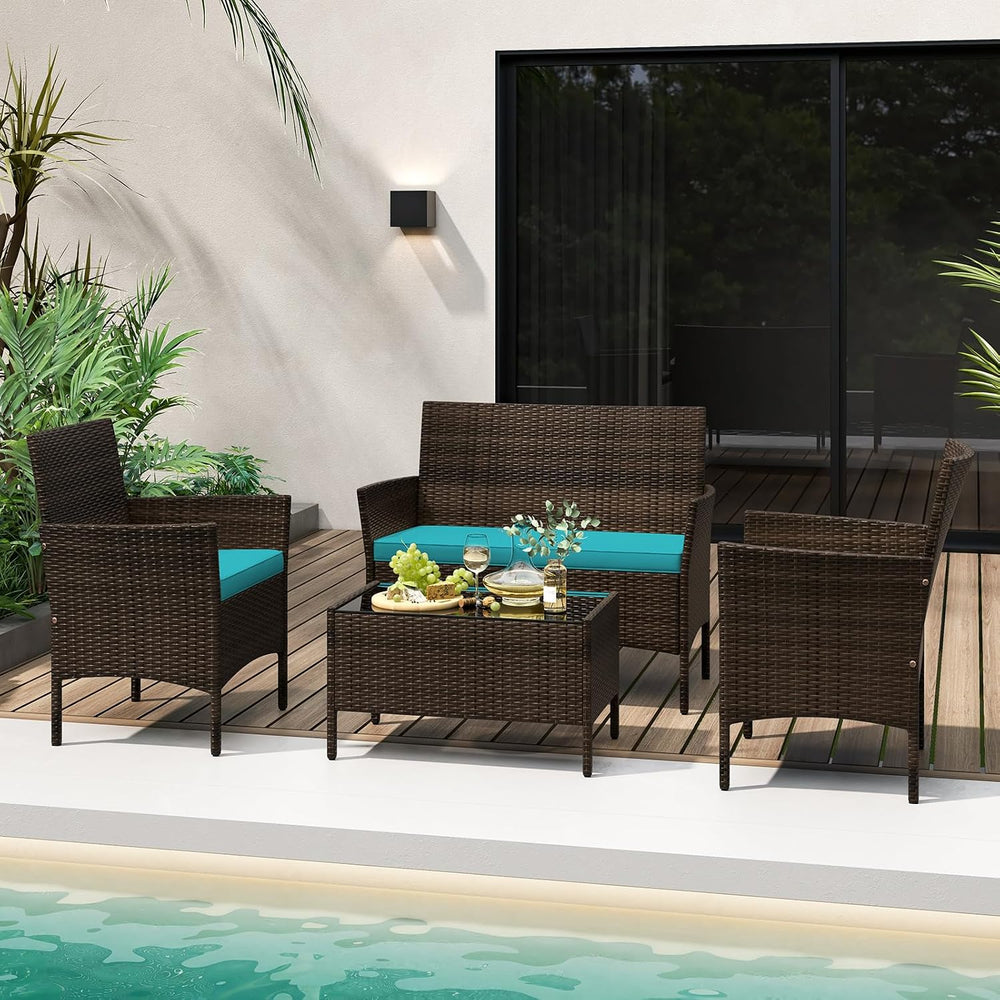 DORTALA 4 Piece Wicker Patio Furniture Set, PE Rattan Outdoor Conversation Se...