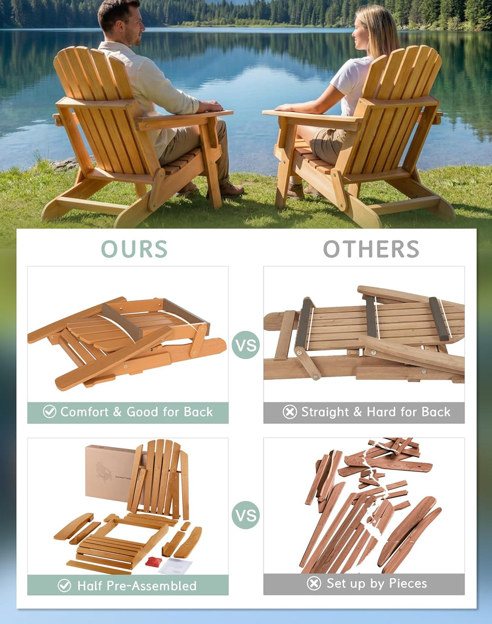 Oversized Wooden Folding Adirondack Chair with Pre-Assembled Backrest and Sea...