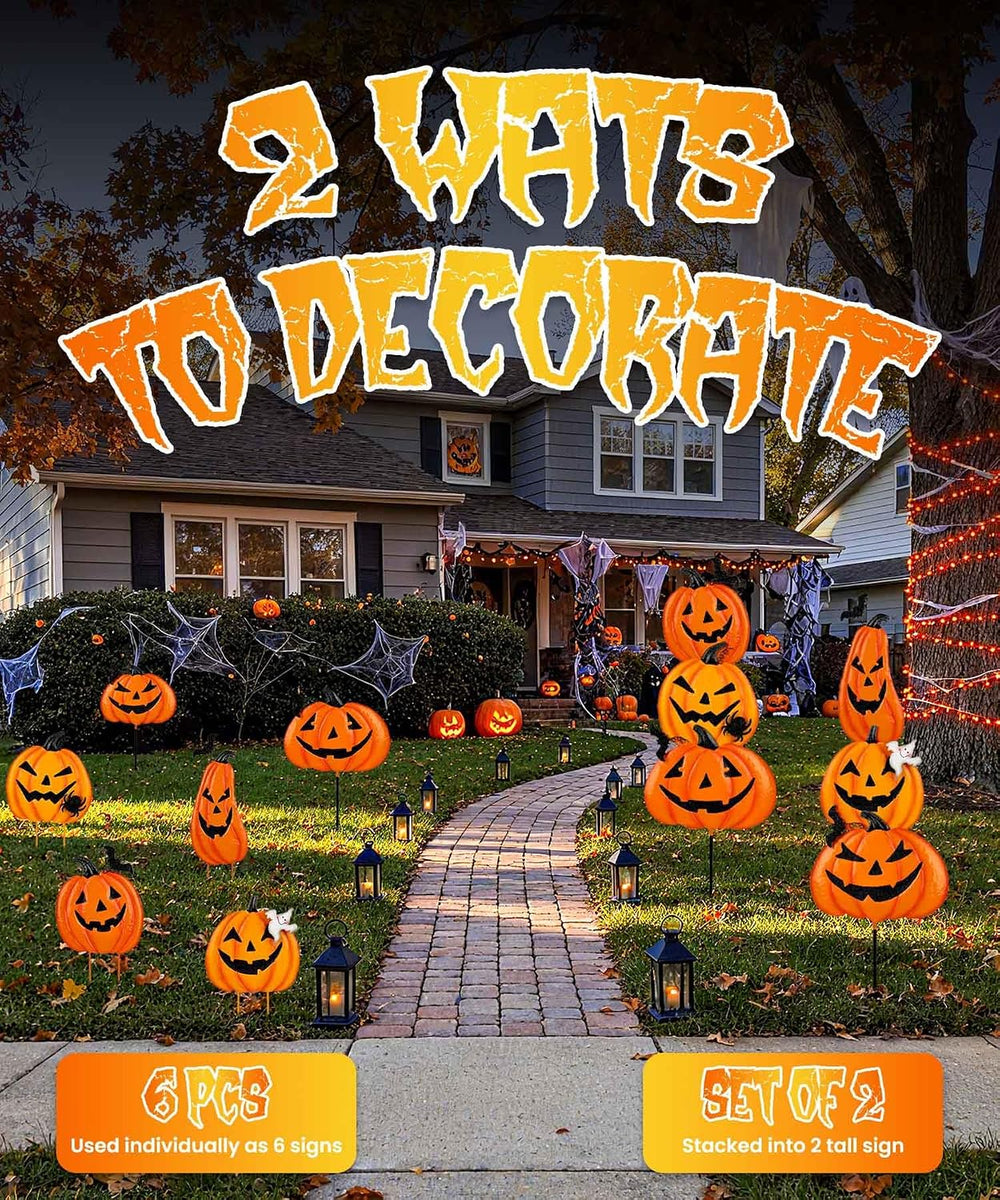 2 Pack Halloween Garden Stakes - Stacked Metal Pumpkins Jack-o-Lantern Lawn D...