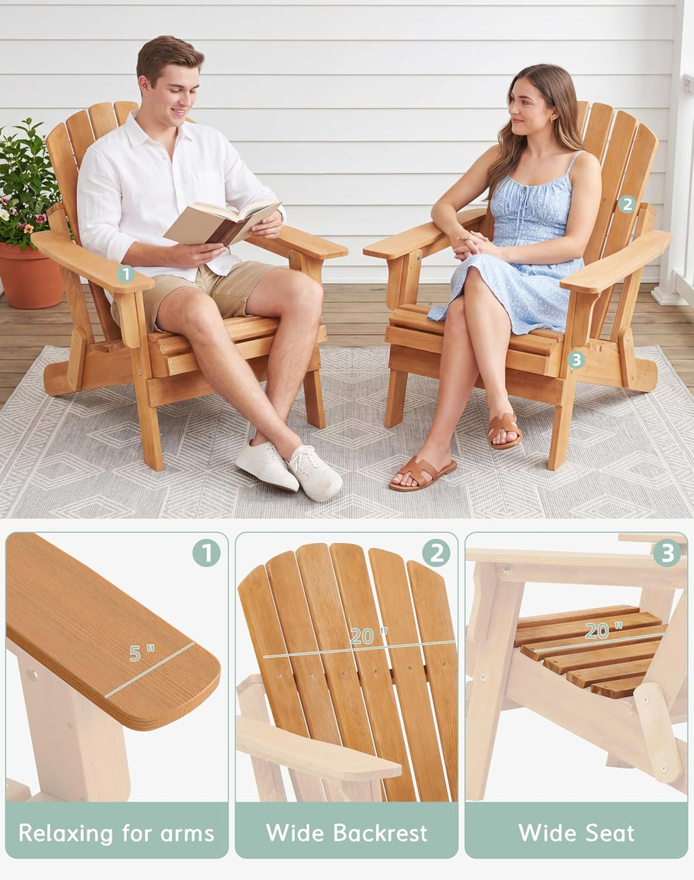 Oversized Wooden Folding Adirondack Chair with Pre-Assembled Backrest and Sea...