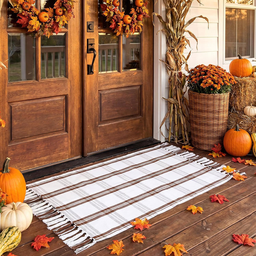 Breling Fall Outdoor Rug 28" x 43" Beige Plaid Door Mat with Tassels