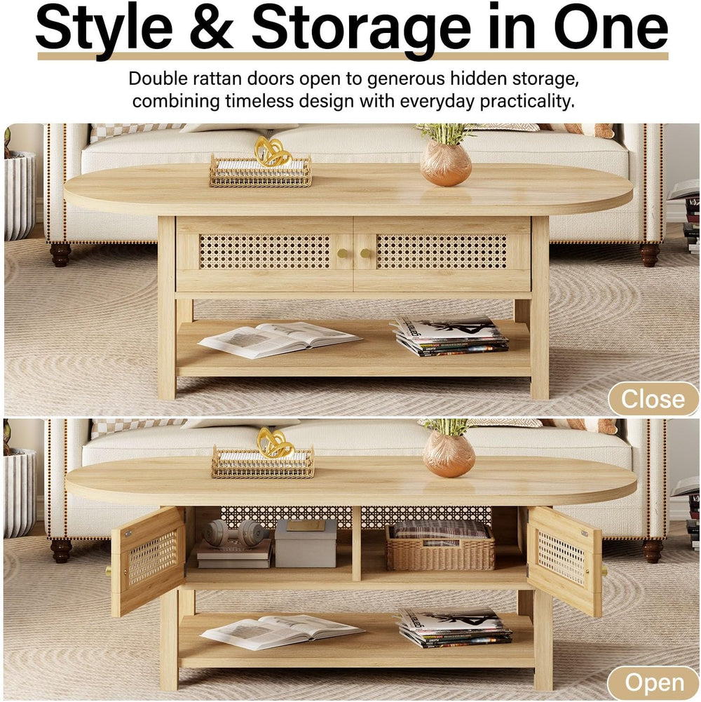 LVB Oval Coffee Table, 47" Rattan Boho Wood Living Room Table with Storage