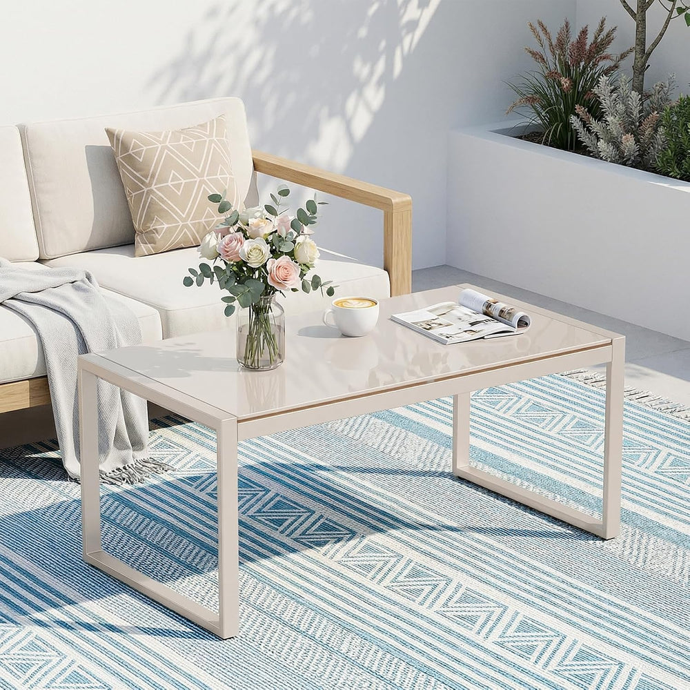 ONBRILL Rectangle Coffee Table with Tempered Glass Desktop, Sand
