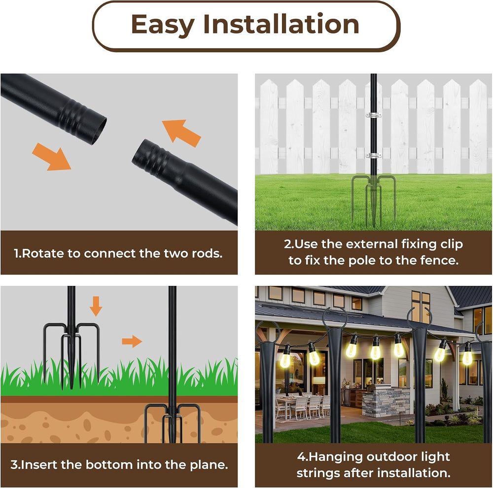 10 Ft String Light Poles for Outside, 6 Pack Heavy-Duty Metal Poles for Outdo...
