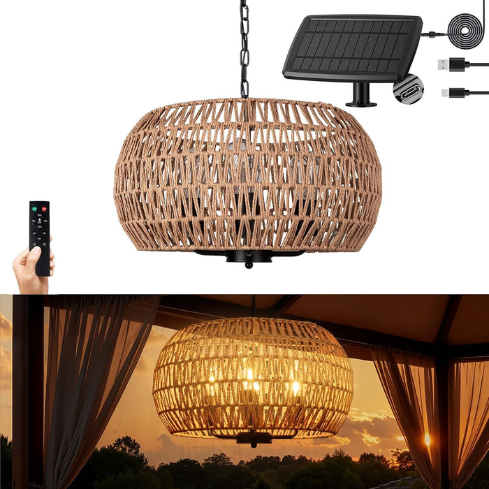 Outdoor Solar Chandelier, 4-Light 19" Rattan Outdoor Chandelier, Hanging Pendant Lights, Waterproof, for Gazebo, Pergola, Porch, Patio