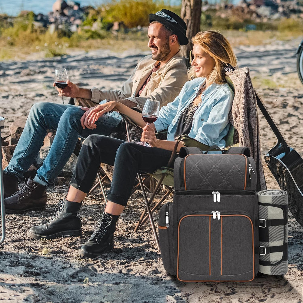 Picnic Backpack for 4, Insulated Cooler Bag with Blanket, Brown