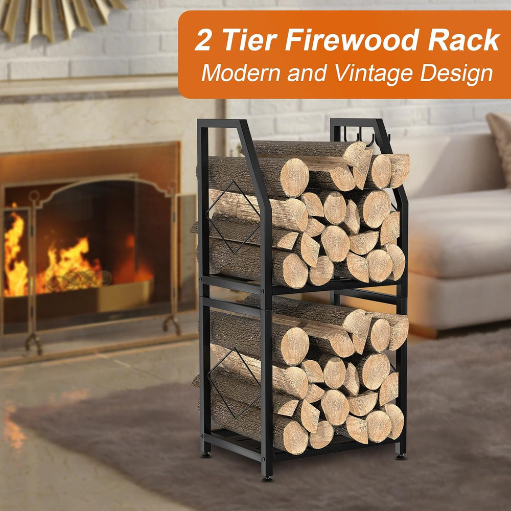 VyGrow Firewood Rack for Indoor, 2-Tier Firewood Holder with 3 Hanging Hooks,...