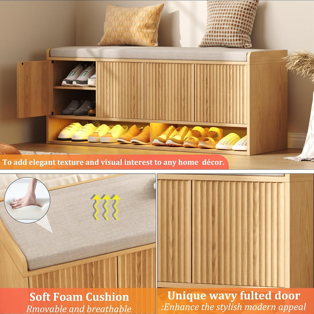 HOMEFORT 47.2" Fluted Shoe Storage Bench, Entryway Bench with Linen Seat...