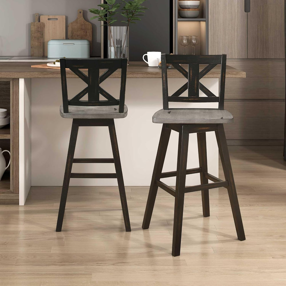 Lexicon Swivel Bar Height Stools Set of 2, X Back, Antique Black/Grey