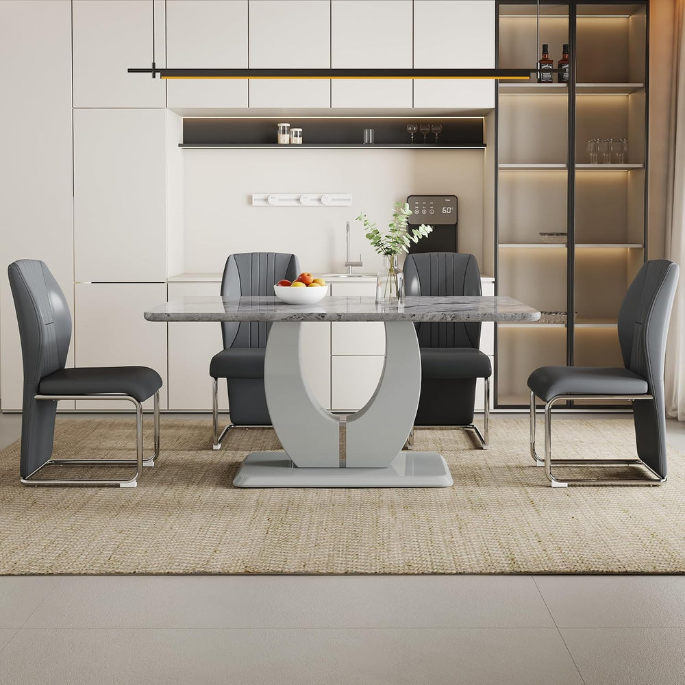 JUFU Modern Dining Set Table and 4 Chairs,Grey Faux Marble Dining Table Set f...