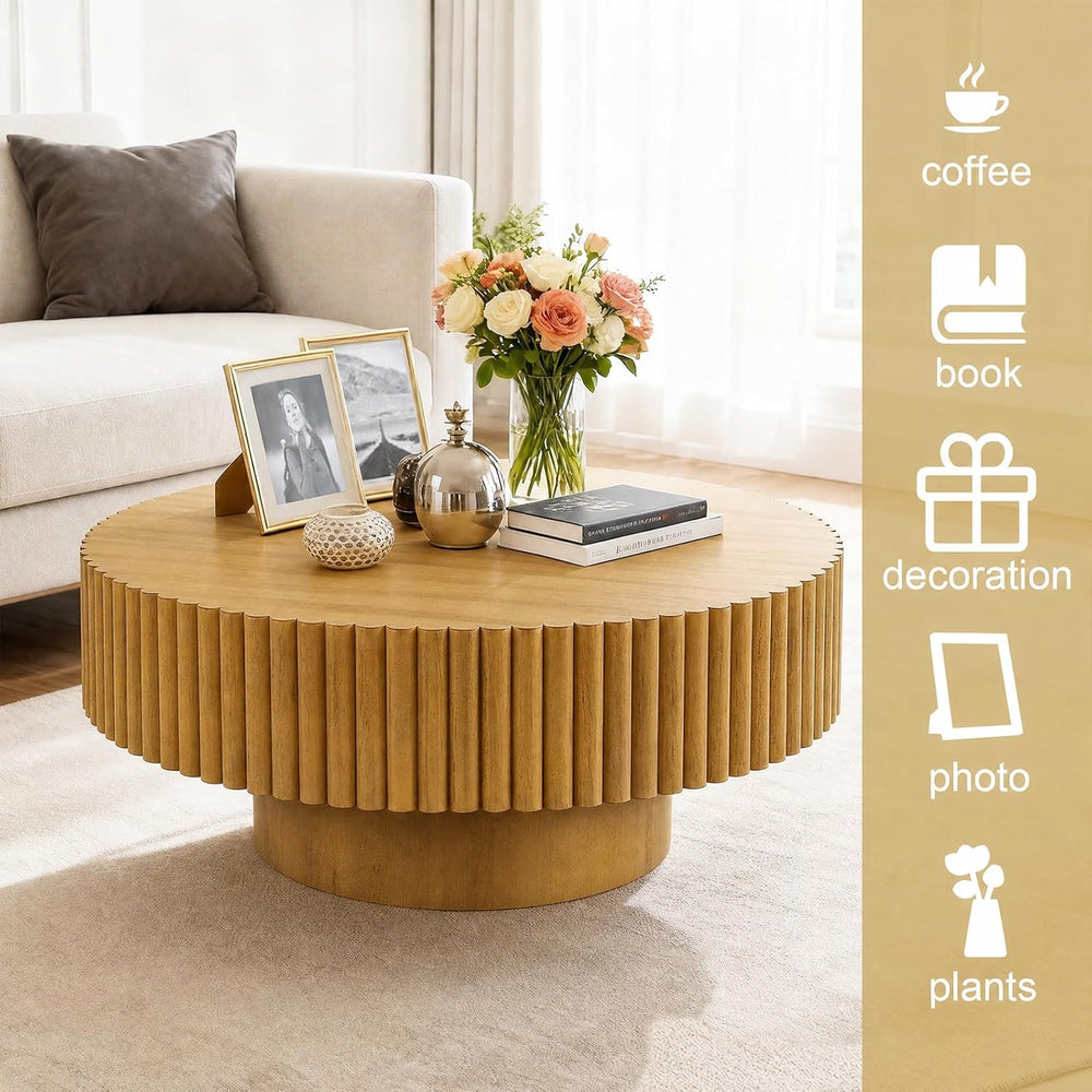 Rovibek Fluted Round Coffee Table, 31.5" Modern Wooden Coffee Table with...