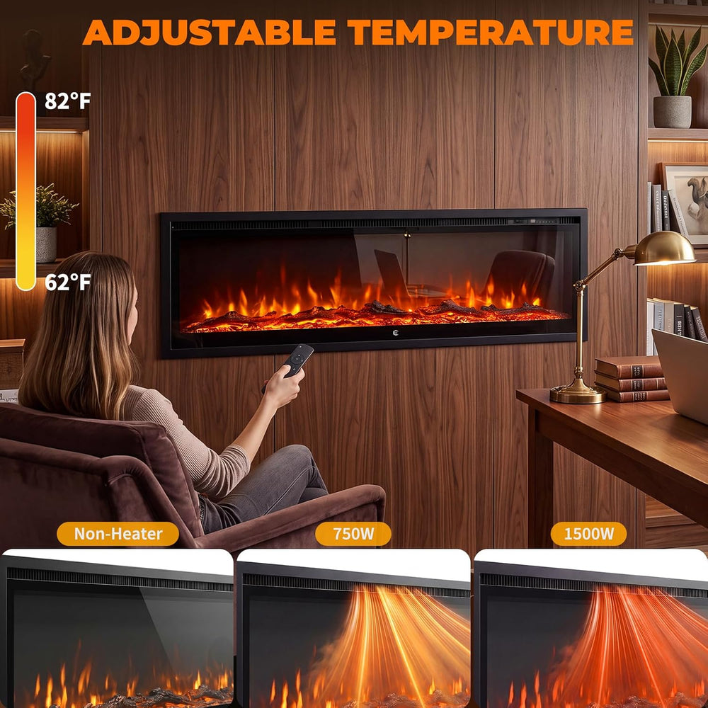 50 Inch Smart Electric Fireplace Insert Recessed and Wall Mounted