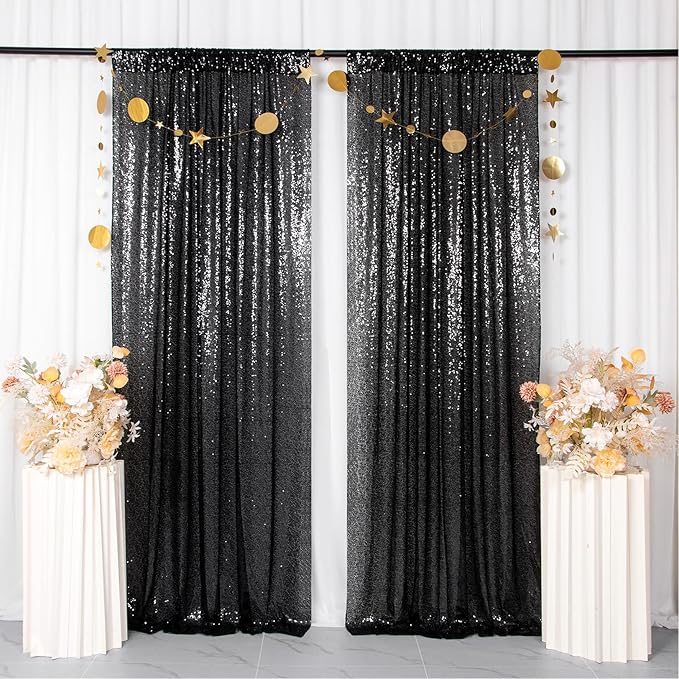 ShinyBeauty Black Backdrops 2 Pieces Sequin Curtains 4FTx7FT Photoshoot Backg...
