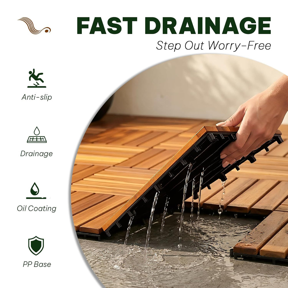 Acacia Interlocking Deck Tiles, 10 PCS Wood Flooring, 6 Slats, Honey Oak