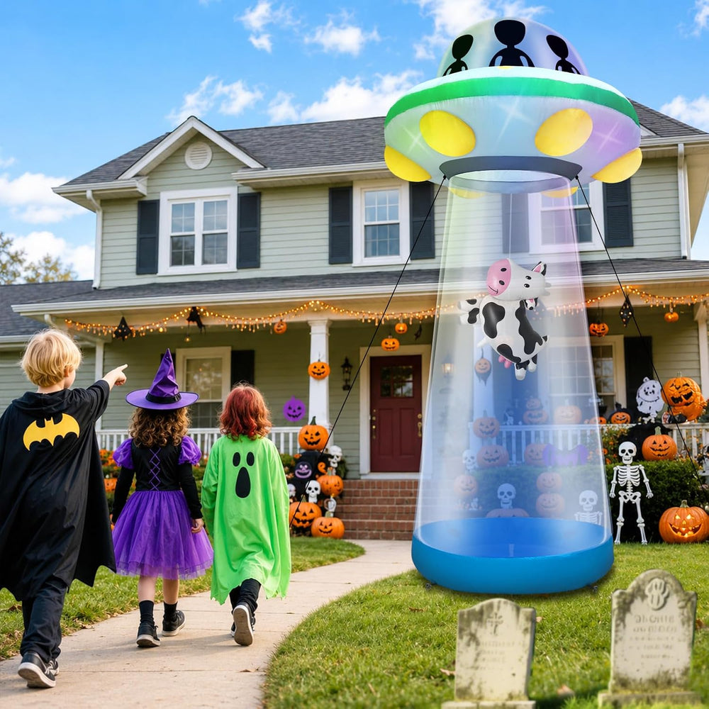 10 Ft Tall Halloween Inflatable UFO with Floating Cow Decorations Outdoor