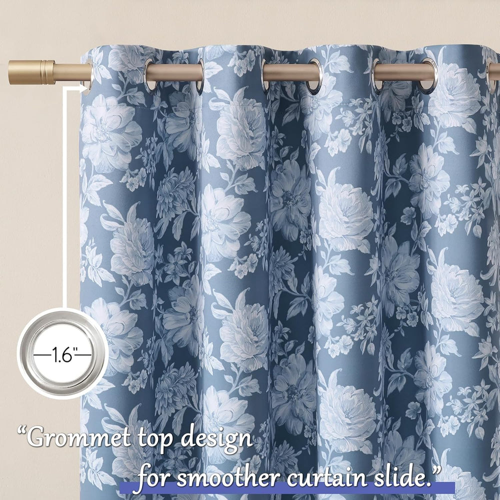Blue Floral Curtains 96 Inches Long 2 Panels for Living Room Grommet Modern M...