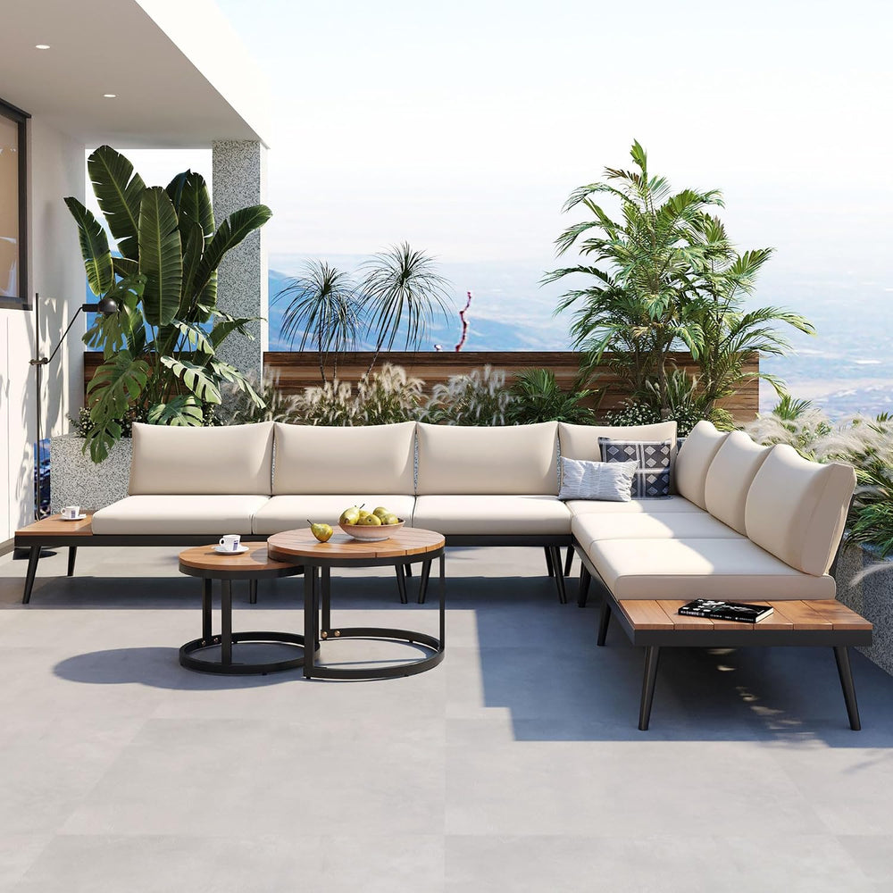 Modern Outdoor Sectional Sofa Set with Round Nesting Coffee Tables and Cushio...