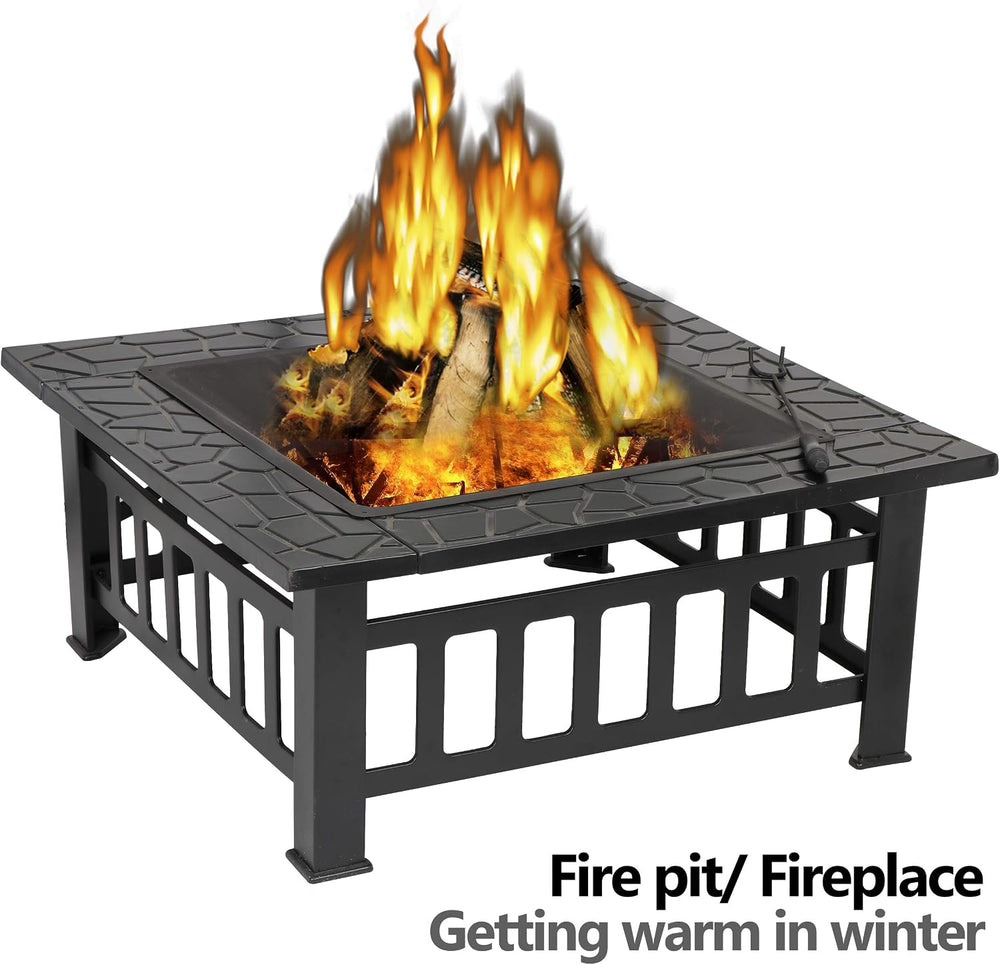 HomGarden 32" Fire Pit Outdoor Patio Square Metal Heater Deck Firepit Ba...