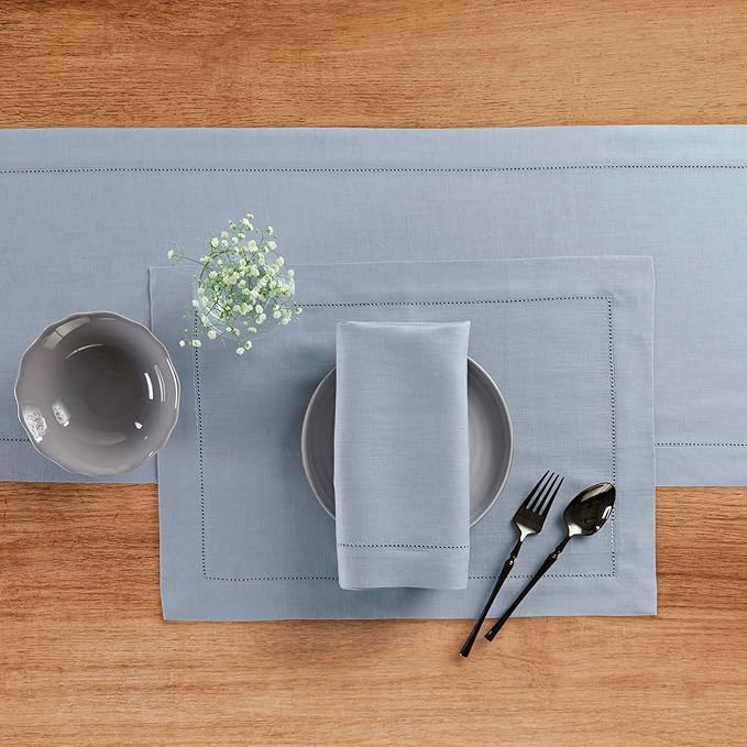 Solino Home Linen Dusty Blue Table Runner 36 Inches - Classic Hemstitch, 100%...