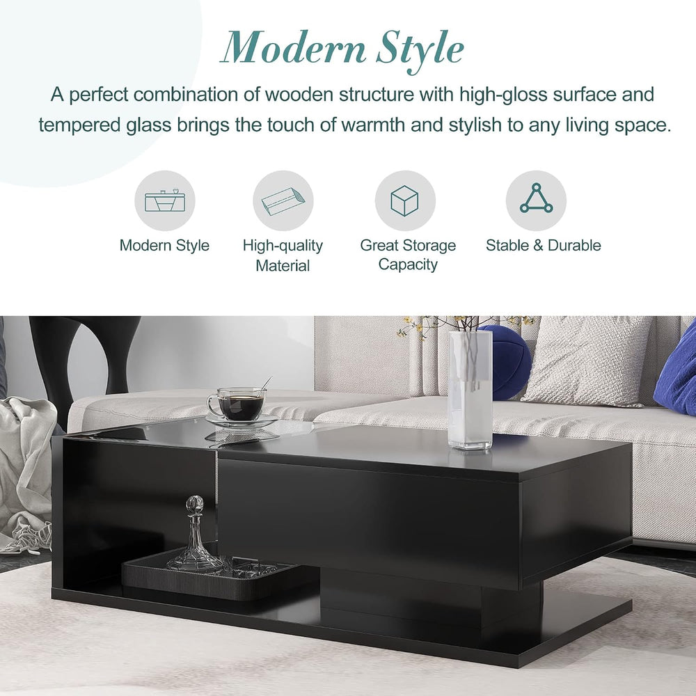 Modern Coffee Table with Tempered Glass, Wooden Cocktail Table with High-Glos...