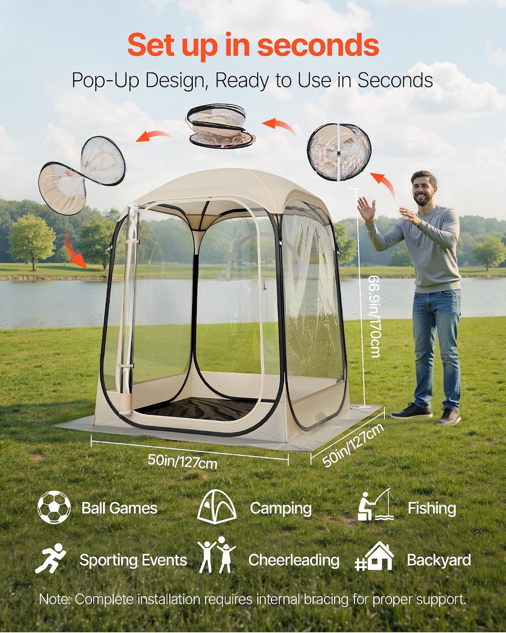 VEVOR Pop up Sports Tent, 8 Sizes Optional Clear Bubble Tent for 1-6 Person, ...