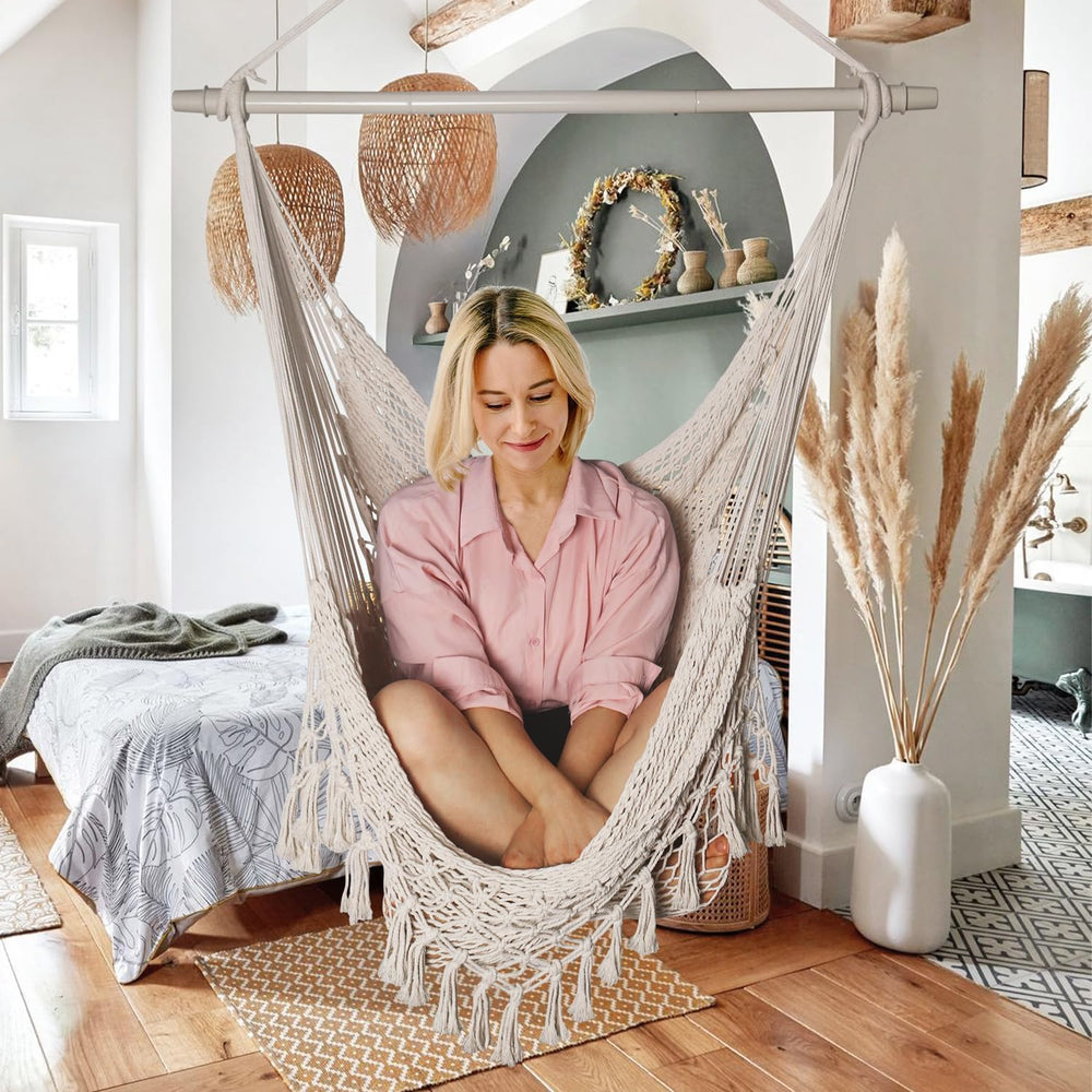 Handwoven Cotton Rope Hammock Chair with Metal Spreader Bar, Boho Hanging Cha...