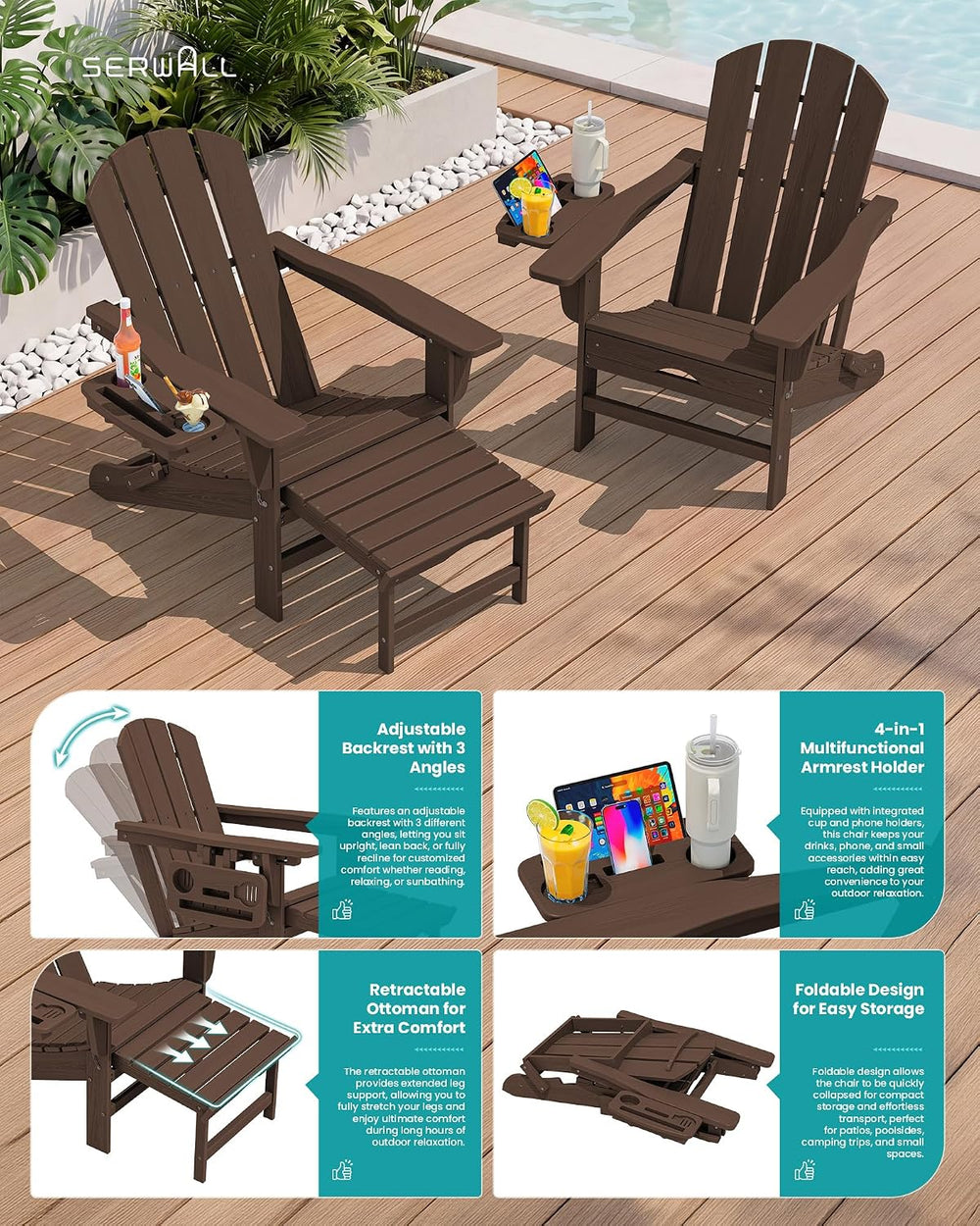 SERWALL Folding Adjustable Adirondack Chair with Footrest, HDPE Outdoor Chair...