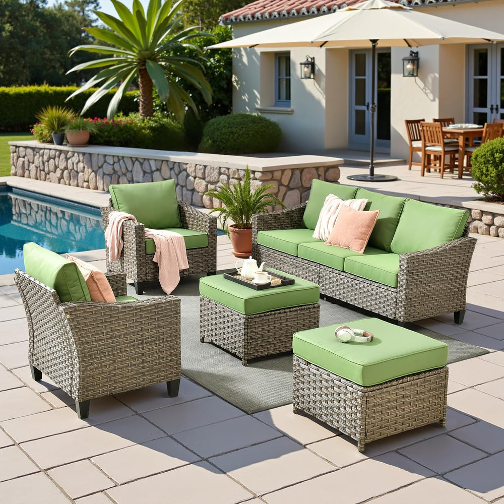 CAODOC 5 Pcs Patio Conversation Set for 7 Seats, Rattan Wicker Outdoor Patio ...