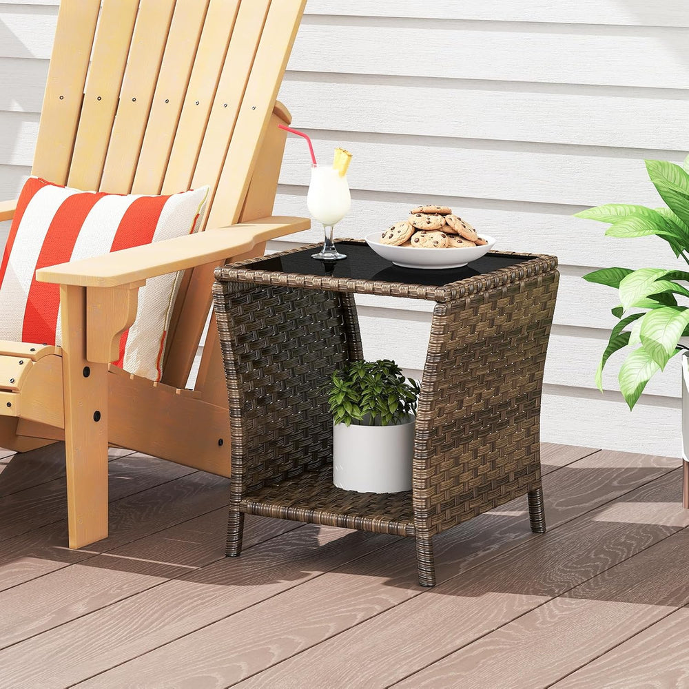 Outdoor Wicker Side Table, Rattan End Table, Glass Top,Patio Garden