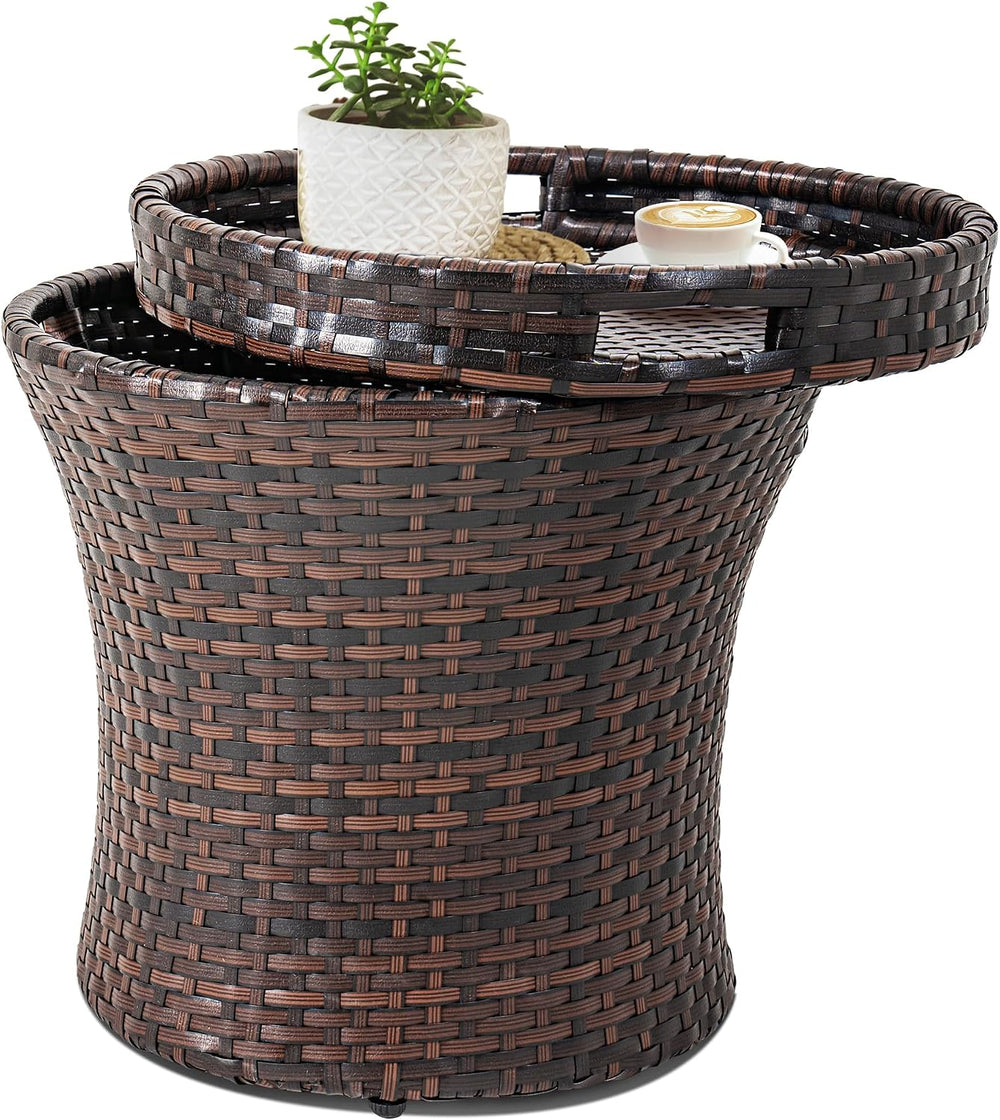 Sundale Outdoor Wicker Side Table with Storage, Patio Rattan End Table
