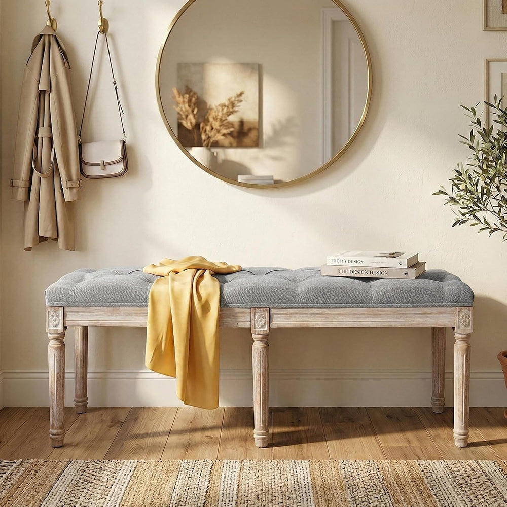 Farmhouse Dining Bench 45" Long Vintage Tufted Bench with Wood Legs Upho...