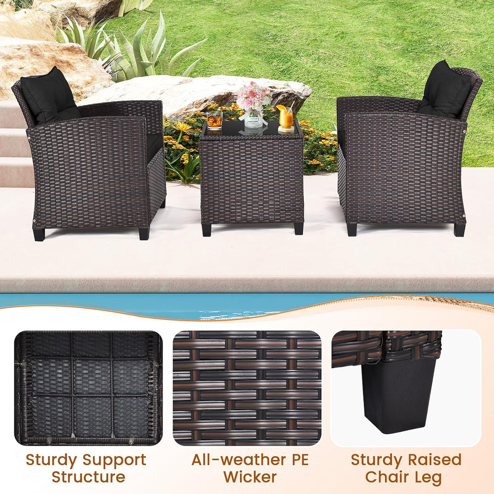 ORALNER 3 Pieces Patio Furniture Set, Outdoor Wicker Bistro Set (Black)