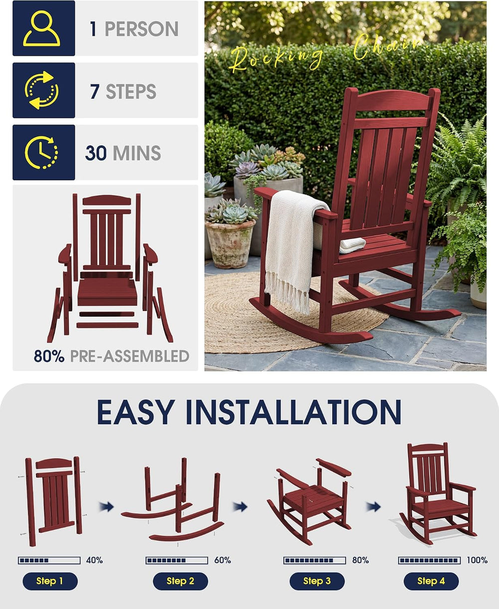 KINGYES Oversized Outdoor Rocking Chairs Set of 2, HDPE Porch Rockers, Red