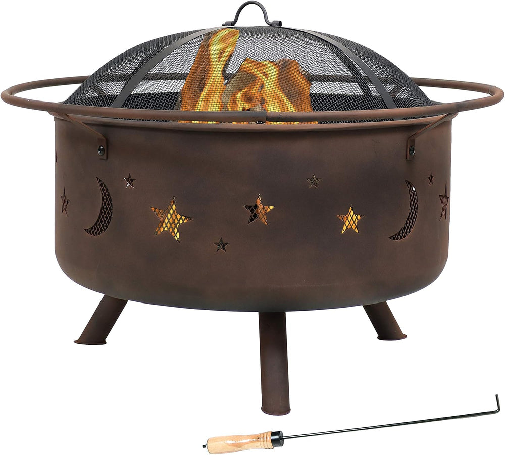 Sunnydaze Cosmic 30" Outdoor Wood Fire Pit with Grill Grate, Steel, Bronze