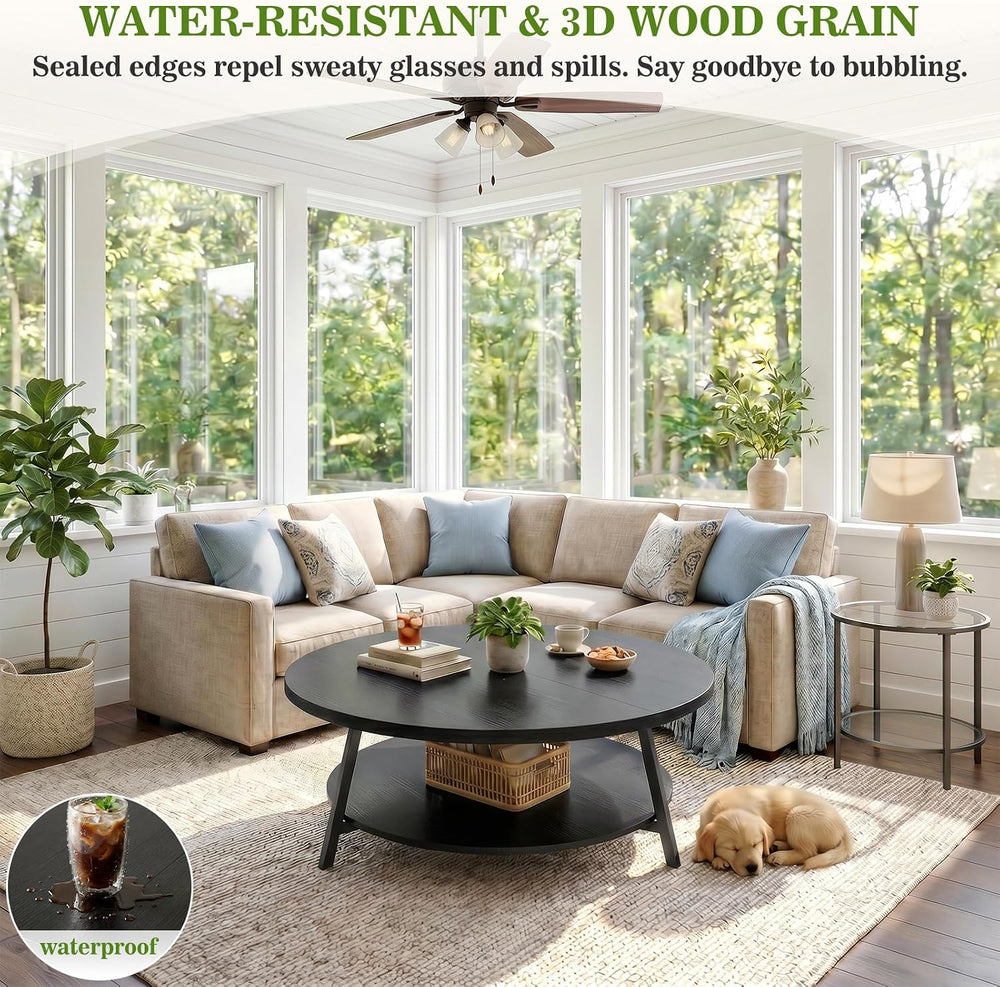 Armocity 35.4" Round Wood Coffee Table with 2-Tier Storage, 1" Thic...