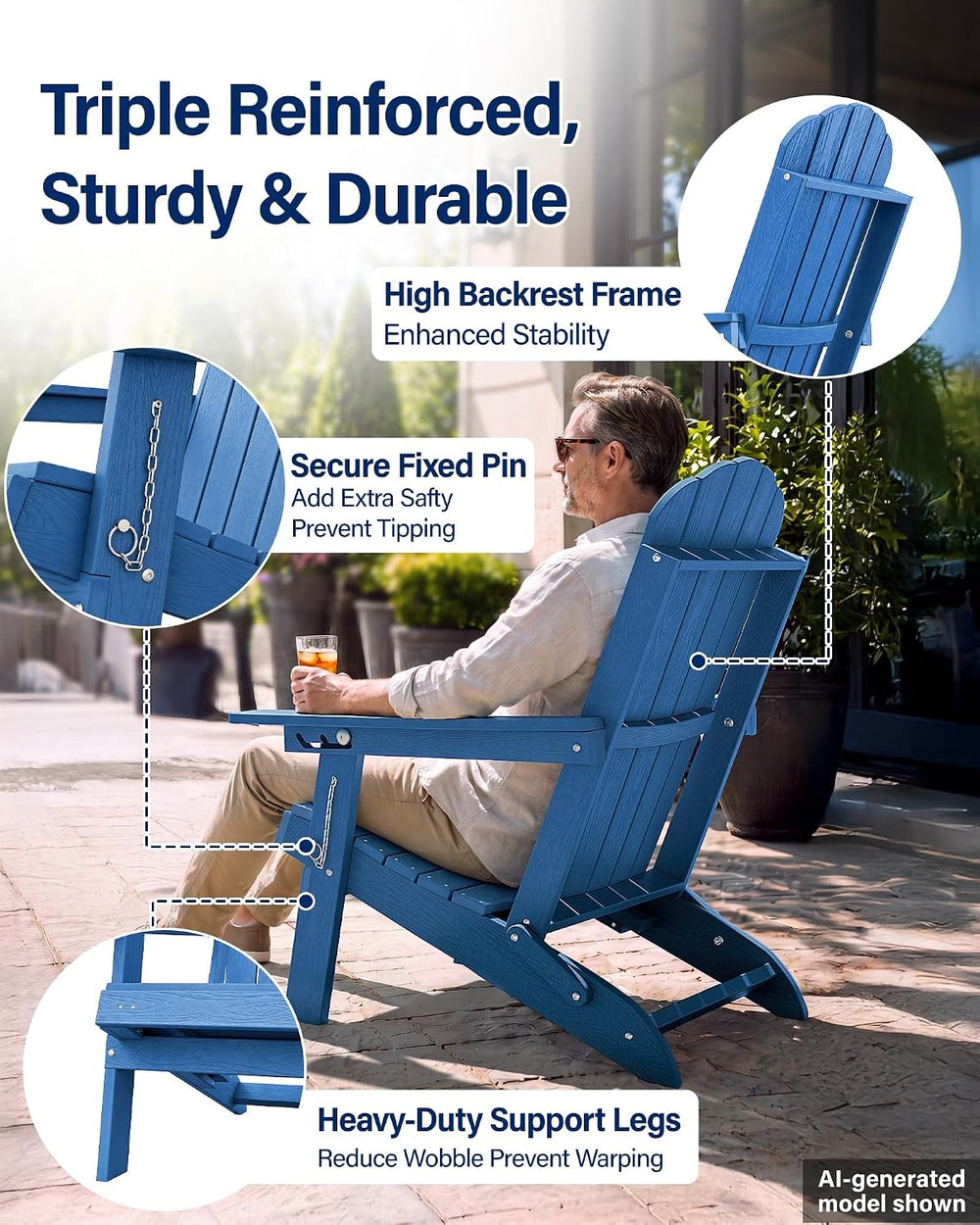 YEFU Adirondack Chairs with Footrest Set of 4, HDPE Adirondack Chair, Blue
