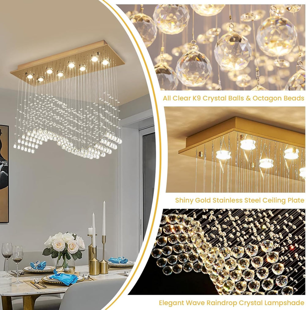 Siljoy Rectangular Gold Crystal Chandelier for Dining Room, 8-Light Modern Wa...