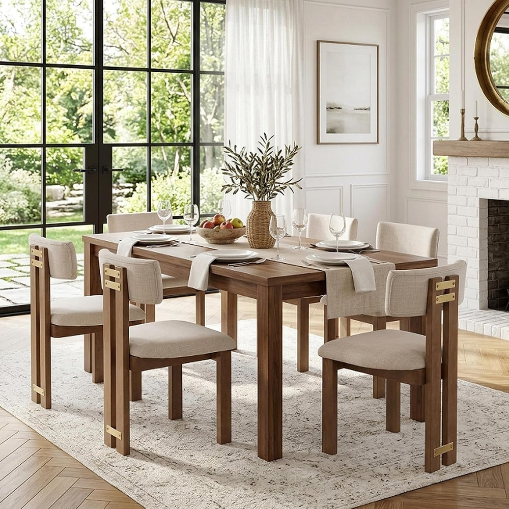HNY Modern Linen Dining Chairs Set of 6 with Curved Back Support, Beige