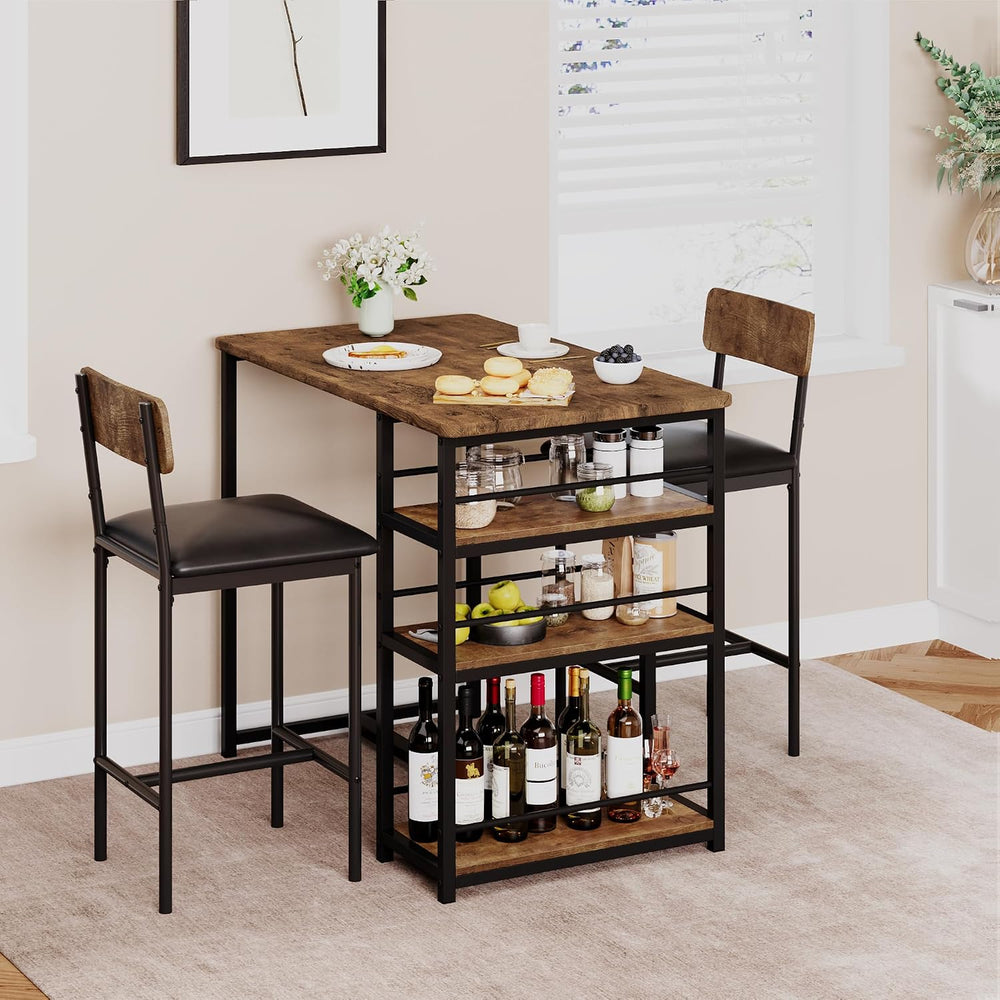 3-Piece Small Bar Table and Chairs Set for 2,Small Dining Table with 2 PU Cus...