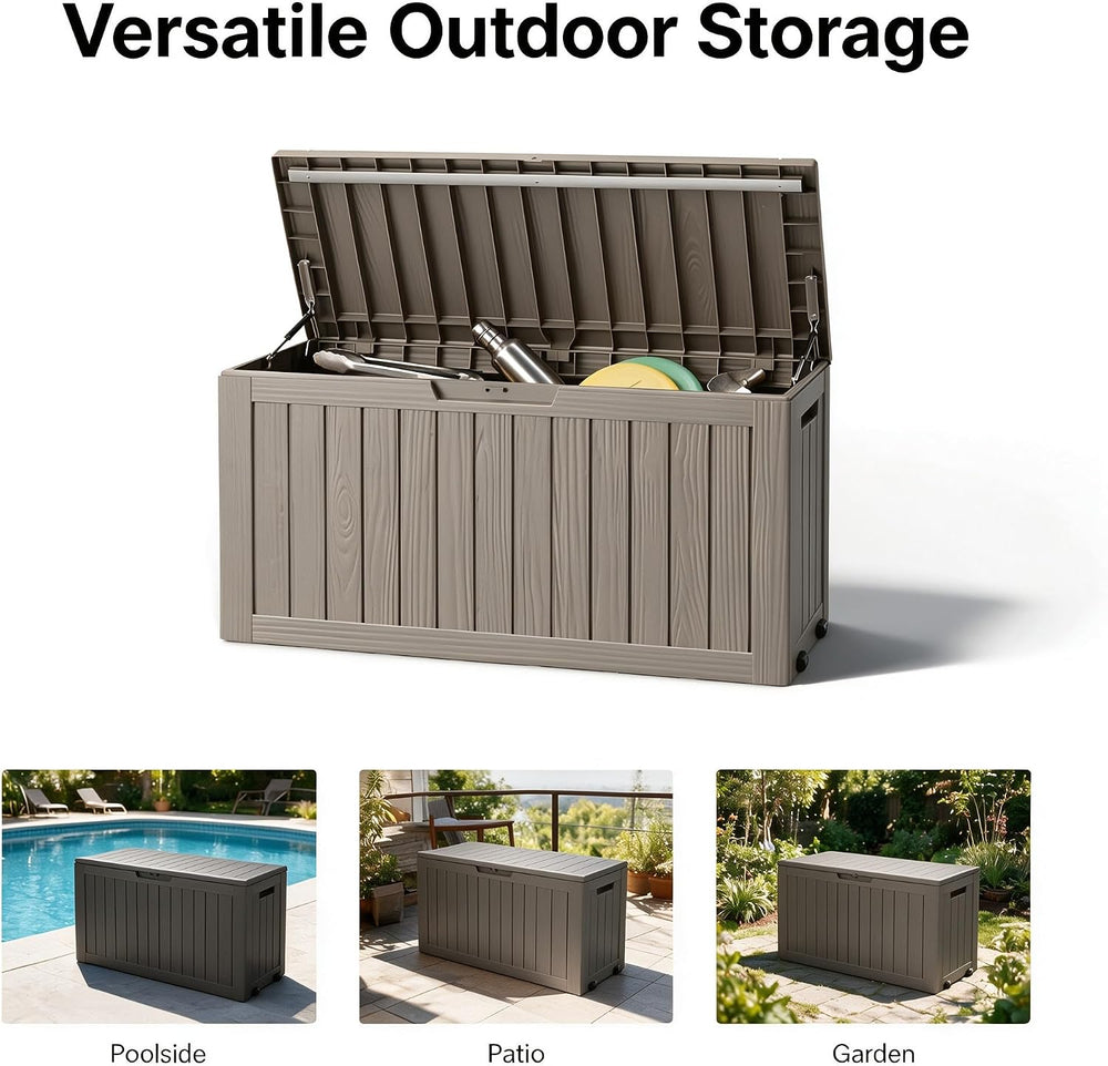 91 Gal Deck Box,Waterproof Resin Outdoor Storage Gas Lift,Lockable Grey