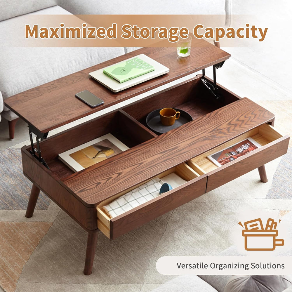 Wood Lift Top Coffee Table, 100% Solid Oak Wood Small Rising Dining Center Ta...