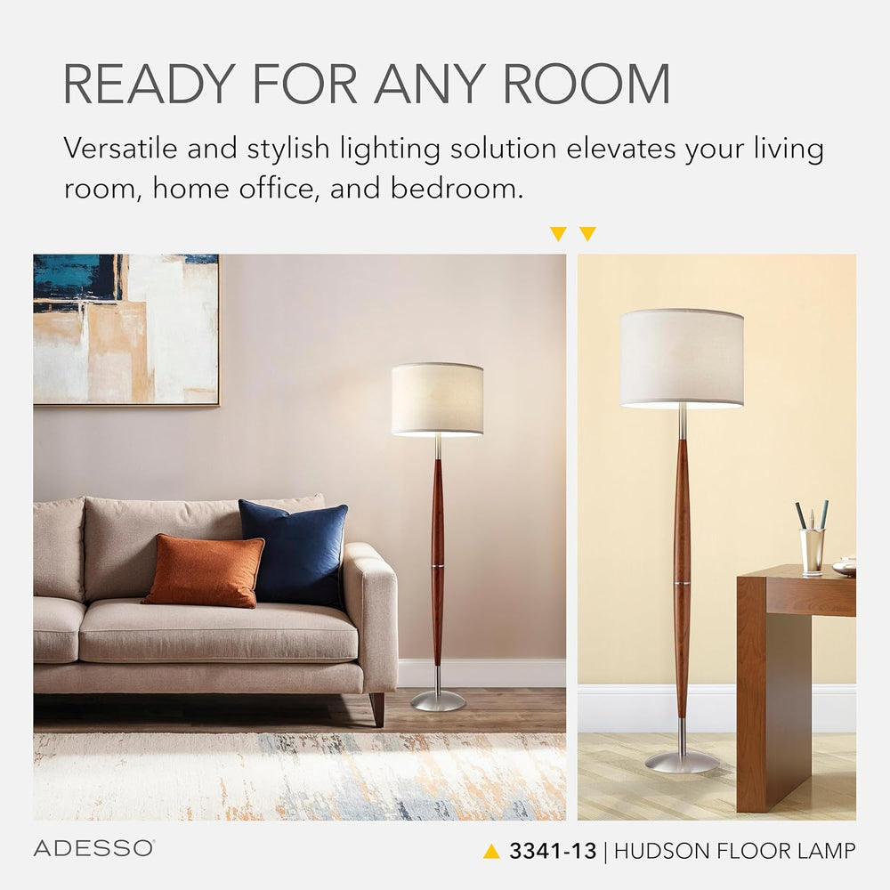 Adesso Floor Lamp, Maple Wood & Satin Steel, Adjustable Brightness, 61”