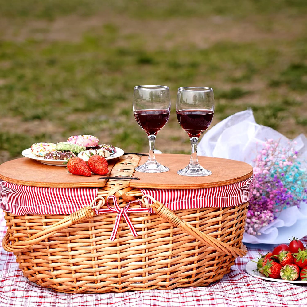 Wicker Picnic Basket with Liner, Wooden Split Lid Picnic Basket, Red