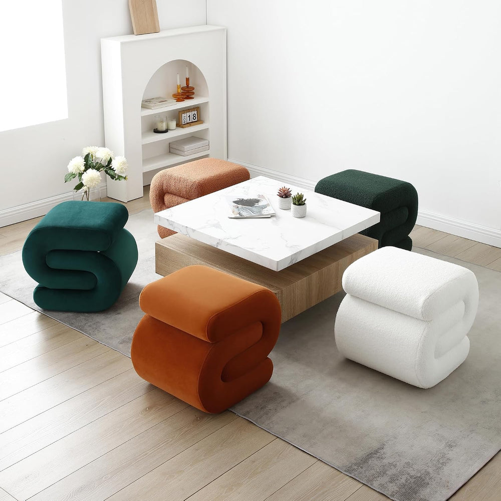 FOXHUNTER S Shape Modern Pouf Ottoman Vanity Stool, Velvet Orange