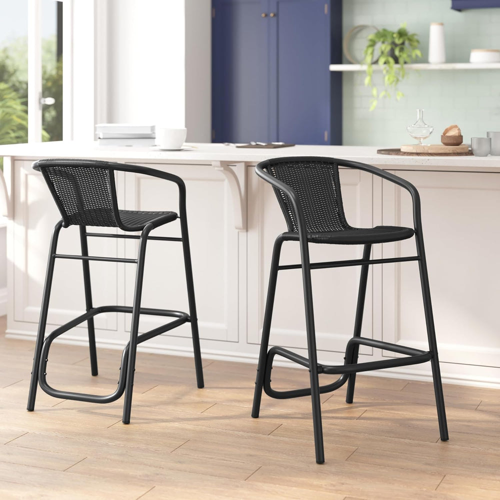 Flash Furniture PE Rattan Indoor/Outdoor Restaurant Barstool, Black, 2-Pack