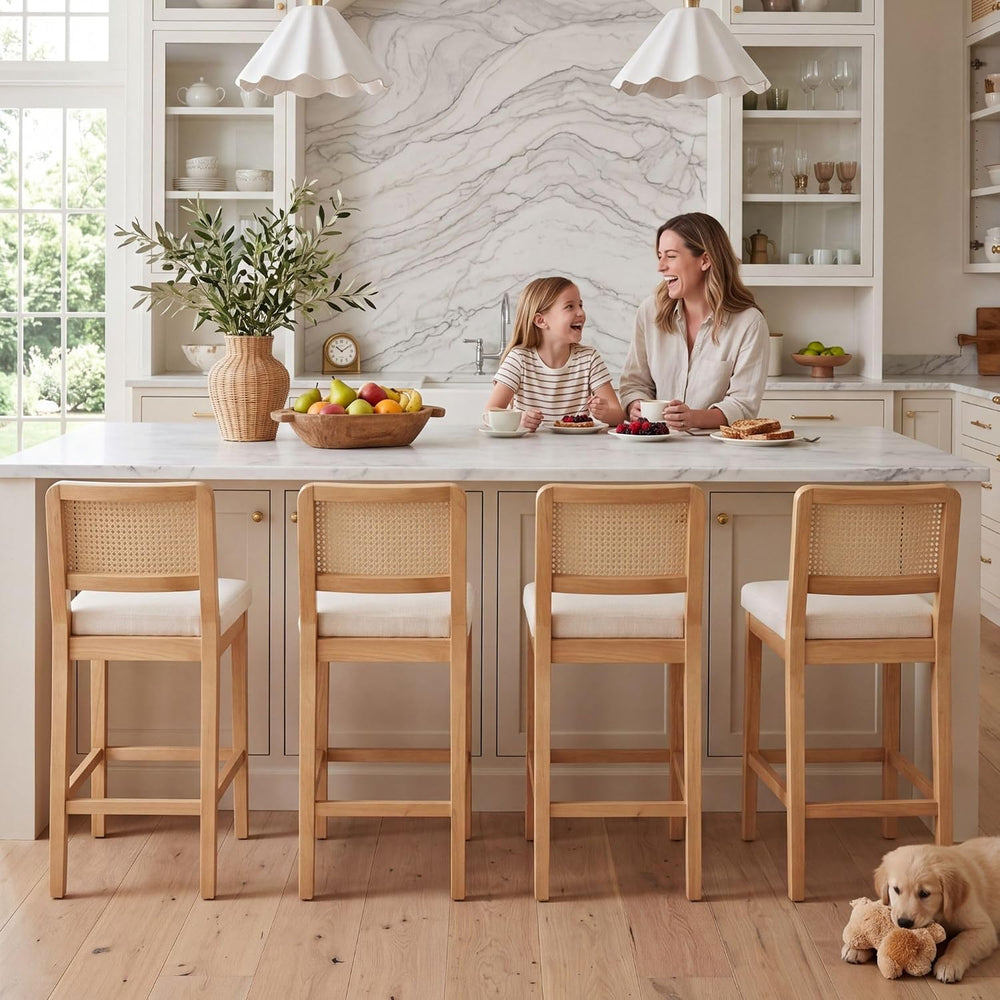 HNY Rattan Counter Bar Stools Set of 4, Farmhouse Bar Stools with Back and Wo...