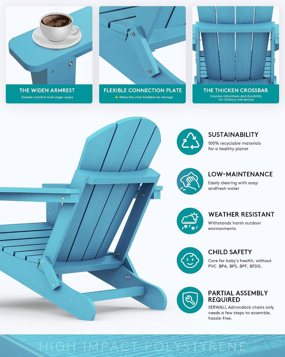 SERWALL Patio Folding Adirondack Chair Set of 2 with Cup Holder -Aruba Blue